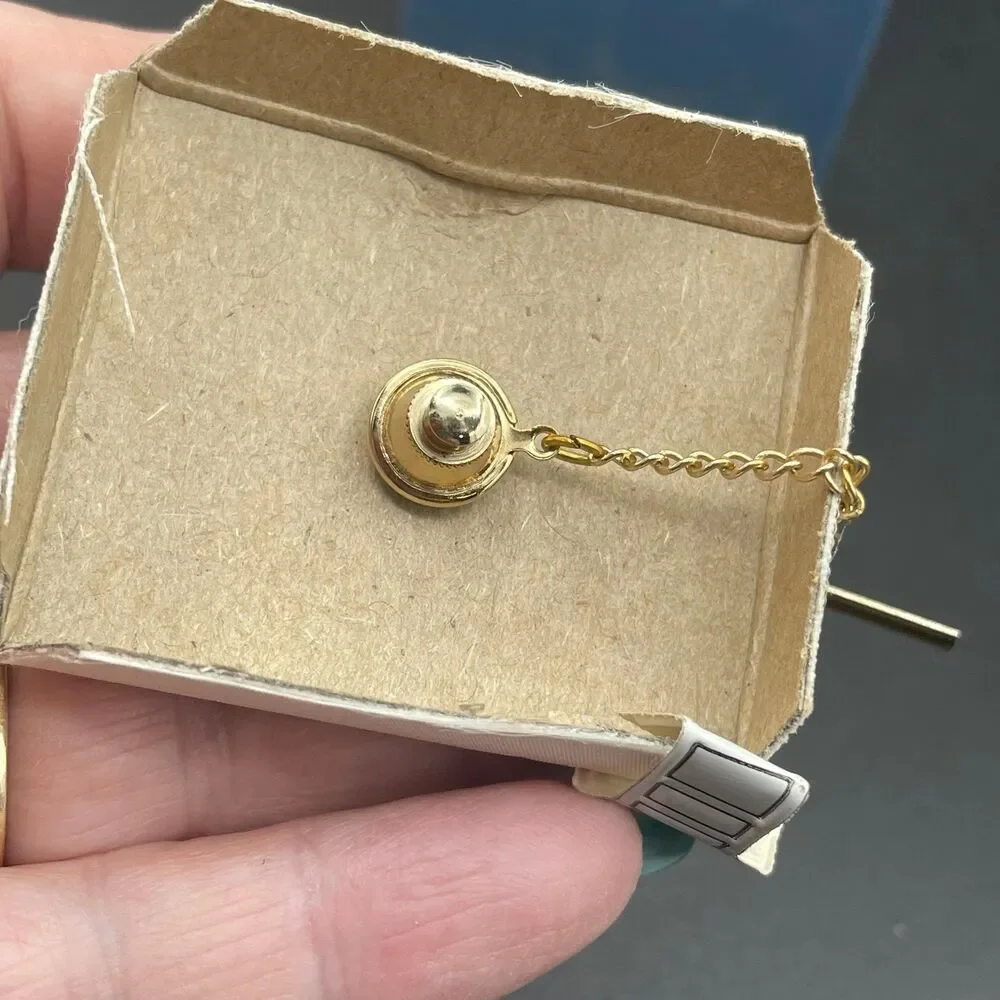 Vintage Swank Tie Tack Genuine Tigereye Gold Tone Round Men's Jewelry In Box